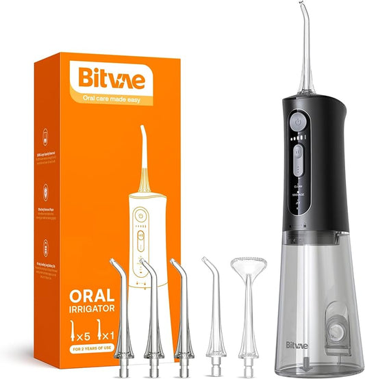 Bitvae Water Dental Flosser for Teeth, Cordless Water Teeth Cleaner Picks, 3 Modes 5 Intensities, IPX7 Waterproof Water Flosser, USB Rechargeable Water Dental Picks for Cleaning - Black