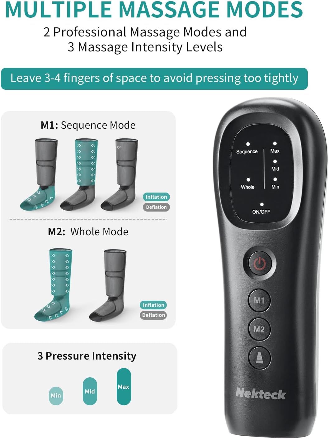 Nekteck Leg Massager with Air Compression for Circulation and Relaxation, Foot and Calf Massage Machine with Hand-held Controller 2 Modes 3 Intensities, Adjustable Leg Wraps for Home and Office Use