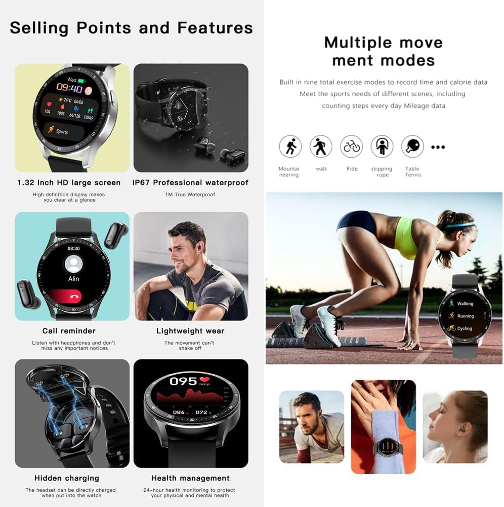 X7 2 in 1 Smart Watch with Earbuds Smartwatch TWS Bluetooth Earphone Health Monitor Sport Watch Fitness Tracker (X7-Black)