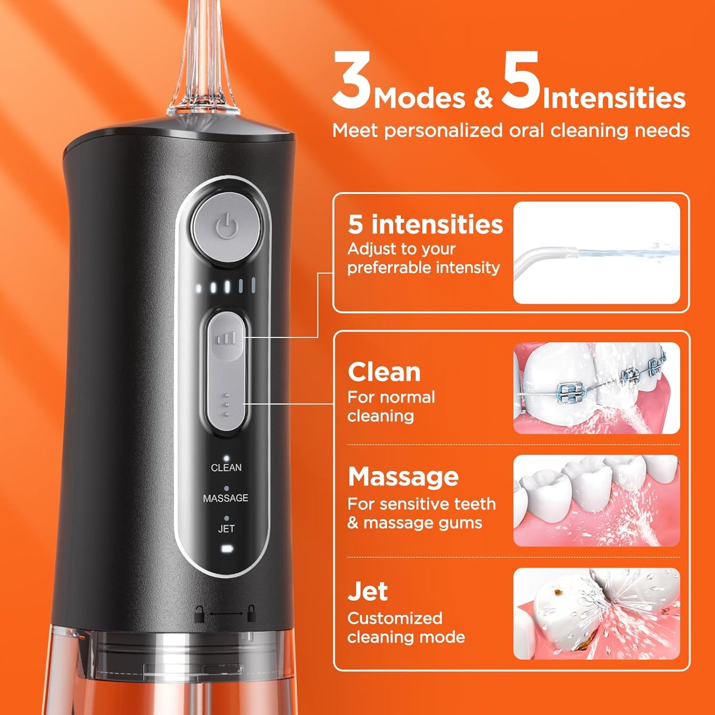 Bitvae Water Dental Flosser for Teeth, Cordless Water Teeth Cleaner Picks, 3 Modes 5 Intensities, IPX7 Waterproof Water Flosser, USB Rechargeable Water Dental Picks for Cleaning - Black