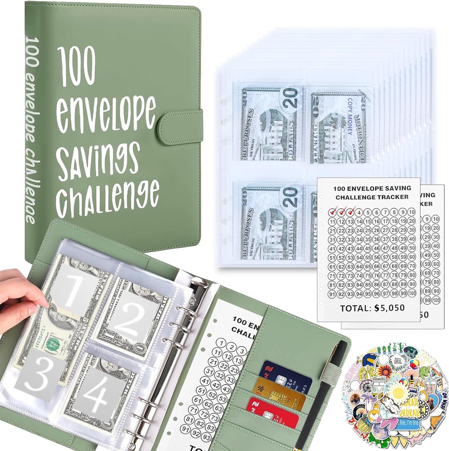 100 Envelopes Money Saving Challenge with Cute Stickers, A5 Money Saving Binder with Cash Envelopes，Budget Binder Savings Challenge Book for 100 Day to Save $5,050 for Budgeting Planner(Purple)