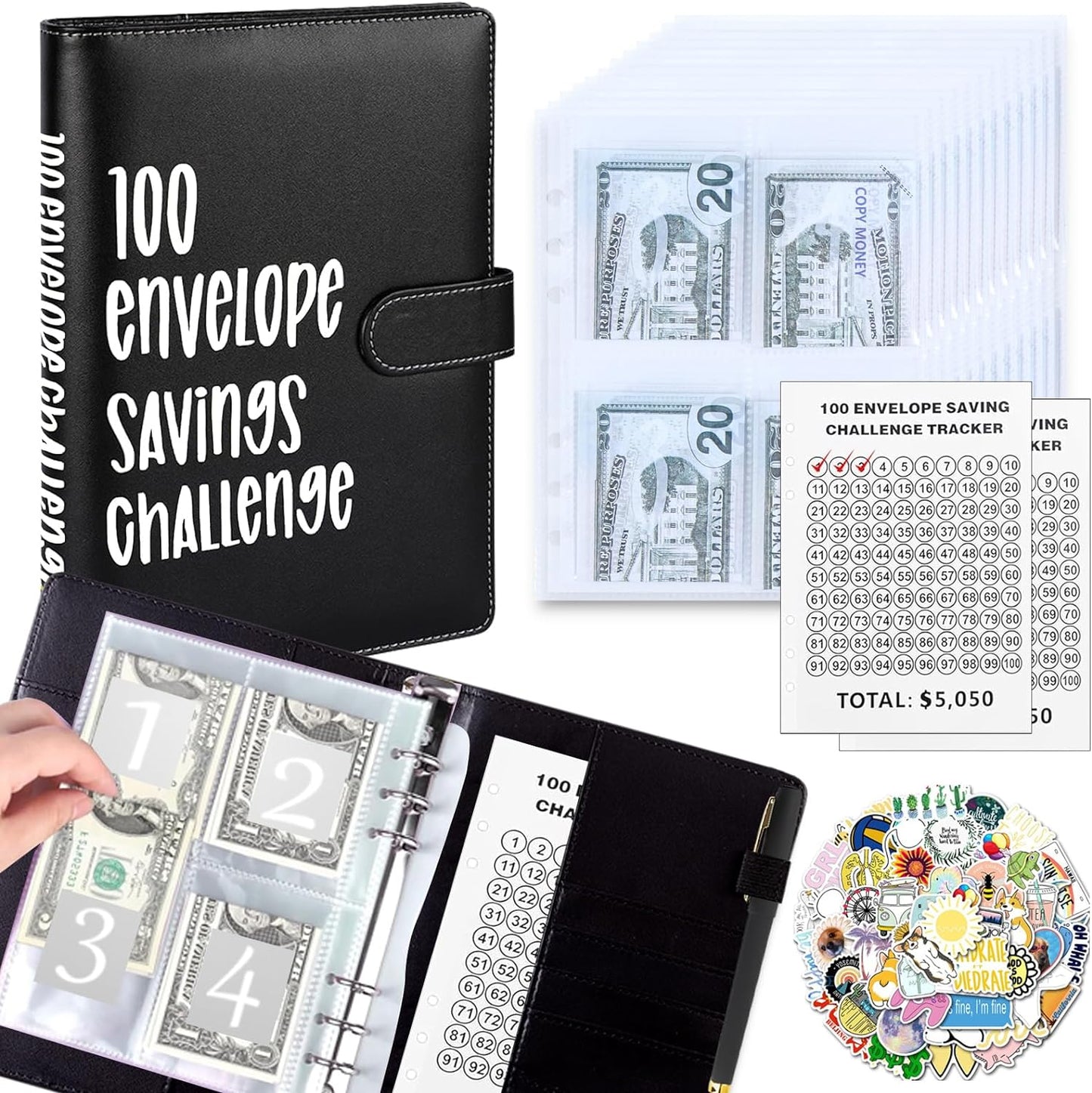 100 Envelopes Money Saving Challenge with Cute Stickers, A5 Money Saving Binder with Cash Envelopes，Budget Binder Savings Challenge Book for 100 Day to Save $5,050 for Budgeting Planner(Purple)