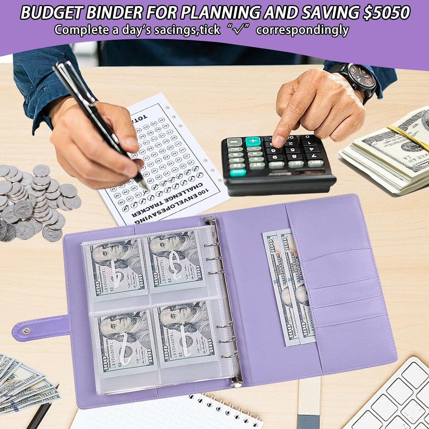 100 Envelopes Money Saving Challenge with Cute Stickers, A5 Money Saving Binder with Cash Envelopes，Budget Binder Savings Challenge Book for 100 Day to Save $5,050 for Budgeting Planner(Purple)