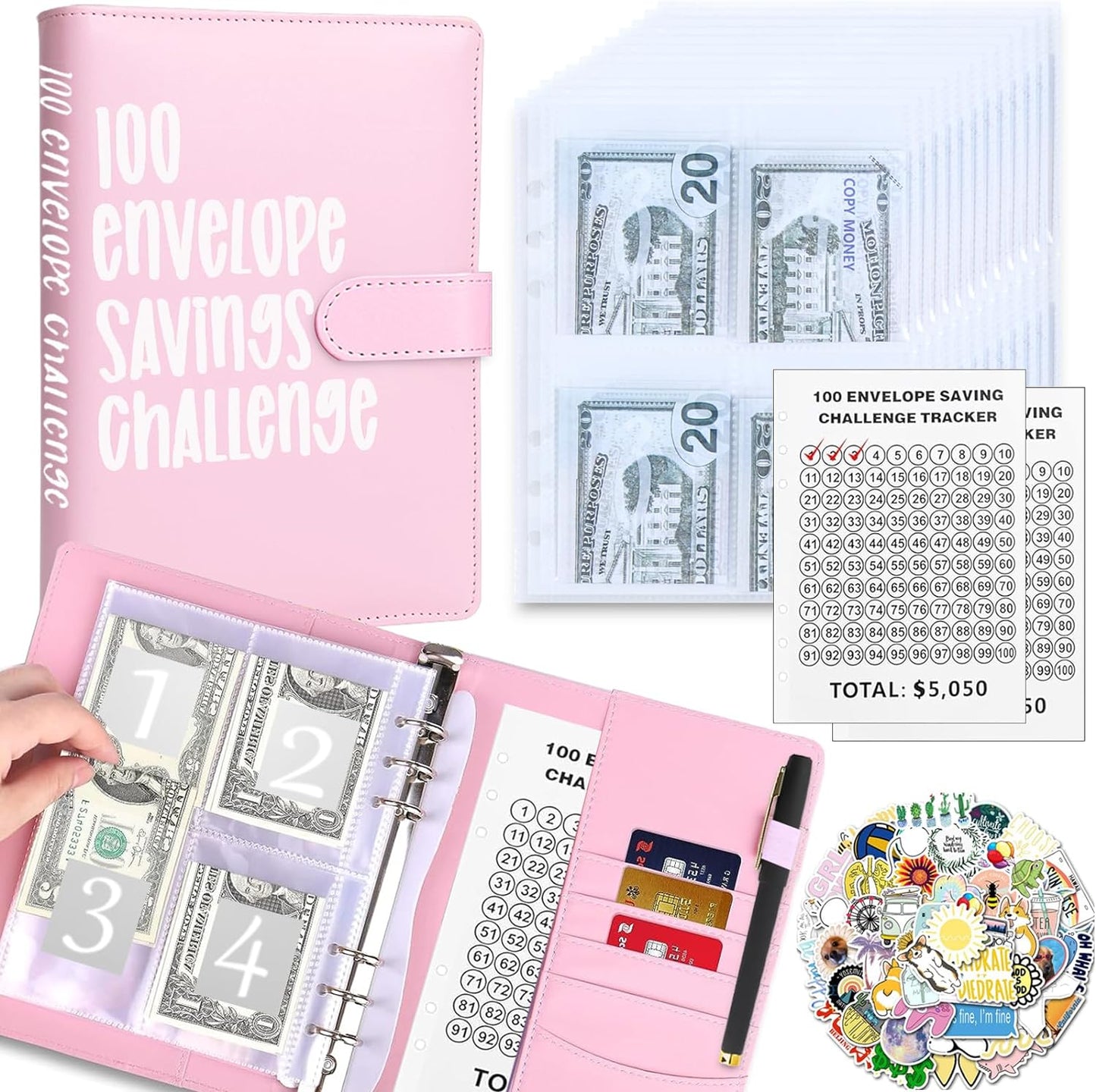 100 Envelopes Money Saving Challenge with Cute Stickers, A5 Money Saving Binder with Cash Envelopes，Budget Binder Savings Challenge Book for 100 Day to Save $5,050 for Budgeting Planner(Purple)