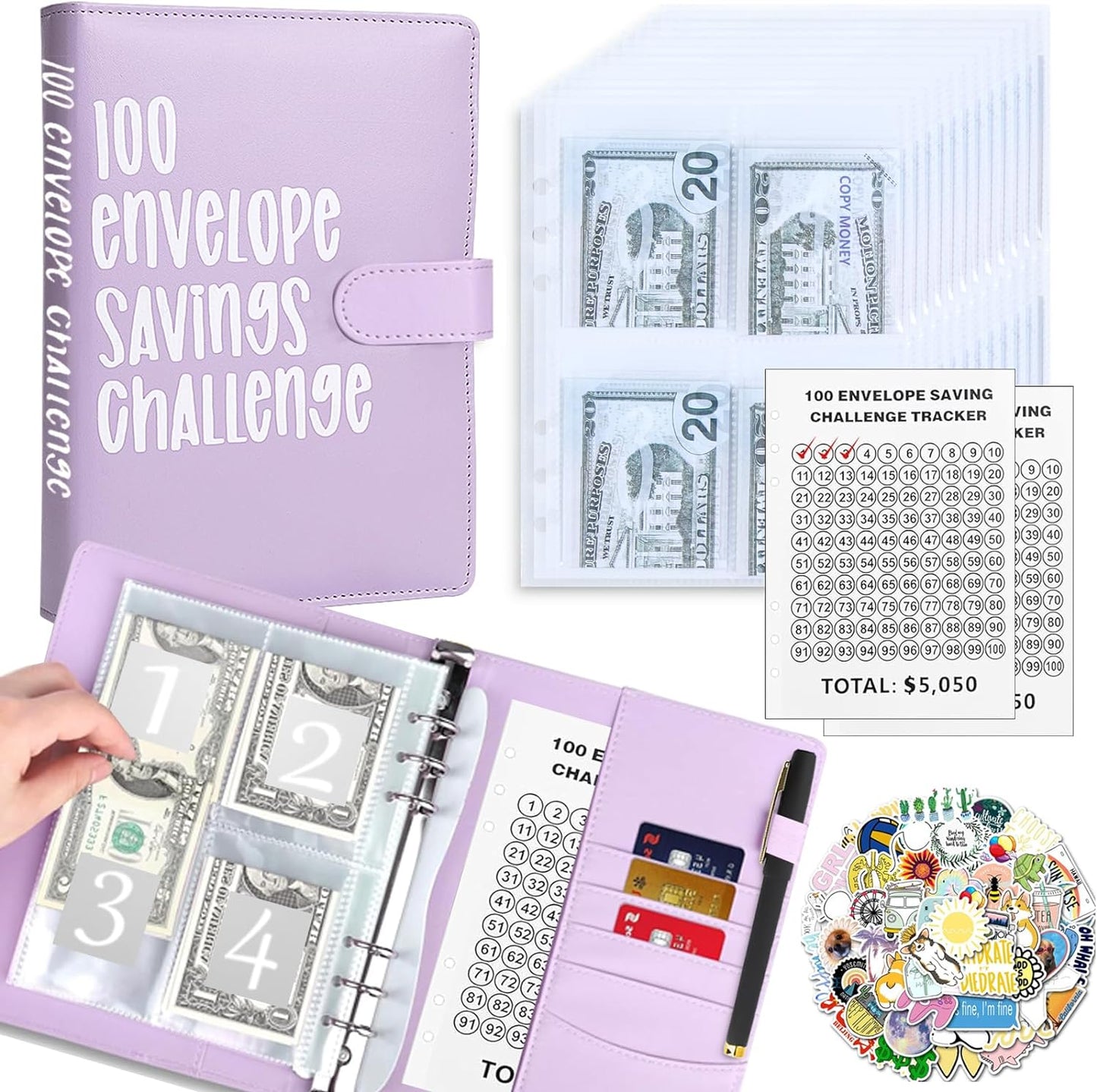 100 Envelopes Money Saving Challenge with Cute Stickers, A5 Money Saving Binder with Cash Envelopes，Budget Binder Savings Challenge Book for 100 Day to Save $5,050 for Budgeting Planner(Purple)