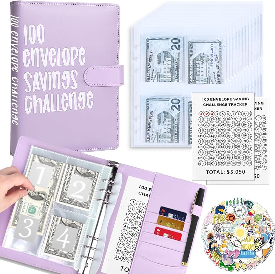 100 Envelopes Money Saving Challenge with Cute Stickers, A5 Money Saving Binder with Cash Envelopes，Budget Binder Savings Challenge Book for 100 Day to Save $5,050 for Budgeting Planner(Purple)