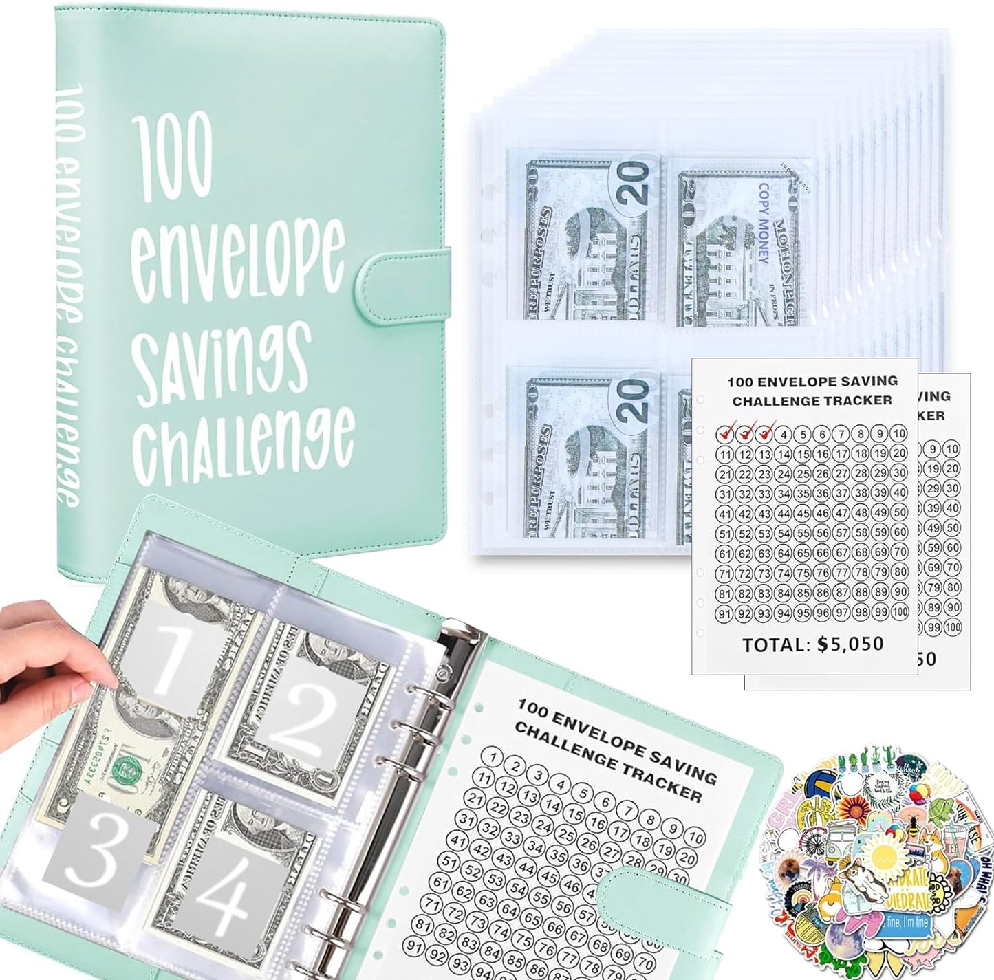 100 Envelopes Money Saving Challenge with Cute Stickers, A5 Money Saving Binder with Cash Envelopes，Budget Binder Savings Challenge Book for 100 Day to Save $5,050 for Budgeting Planner(Purple)